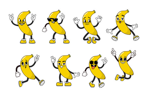 Cartoon Groovy Banana Whimsical Character With A Vibrant Yellow Peel, Wearing Cool Shades, And Exuding Laid-back Charm