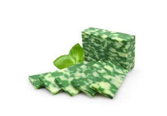 Marble green pesto cheese with fresh basil leaves isolated on white background    