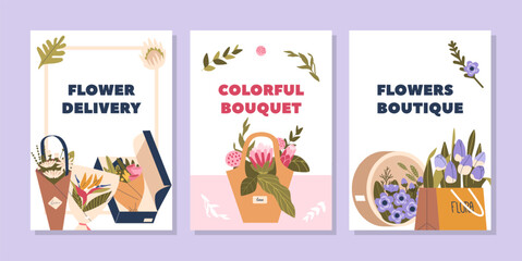 Fototapeta premium Vibrant Banners for Bouquet Delivery or Floral Boutique Service Adorned With Exquisite Flowers In Elegant Gift Packaging
