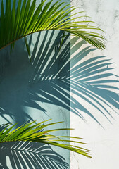 화이트 블루 배경의 벽에 열대 야자수잎과 그림자