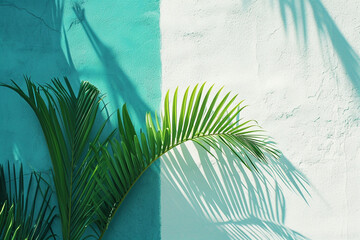 화이트 블루 배경의 벽에 열대 야자수잎과 그림자