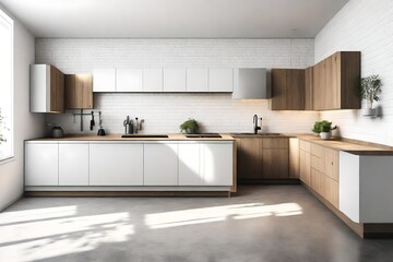 Fototapeta na wymiar Corner of modern kitchen with white walls, concrete floor and cupboards 3d rendering