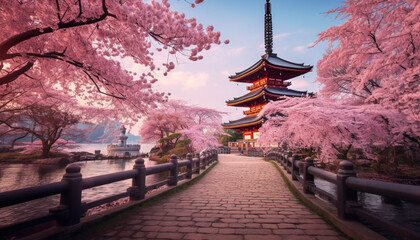 The serene ambiance of a traditional Japanese pagoda enveloped by cherry trees in their glorious spring bloom
