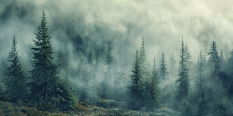 Mystical Forest Fog: Textured Organic Landscape and Atmospheric Mountain Vista