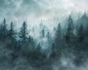Misty Forest Canopy: Textured Atmospheric Landscape and Mountain Vistas