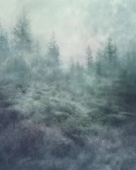 Fotobehang Misty Enchantment: Textured Forest and Mountain Vistas - Atmospheric Landscape Paintings © Vasilya