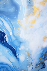 Marbled blue abstract background with golden sequins. Liquid marble pattern