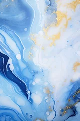 Photo sur Aluminium Cristaux Marbled blue abstract background with golden sequins. Liquid marble pattern
