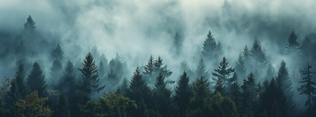 Misty Enchantment: Fog-Enshrouded Pine Forest in Swiss Countryside