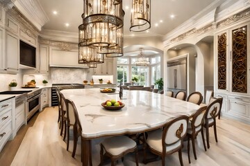 Fototapeta na wymiar Ornate kitchen and dining area in luxurious new home