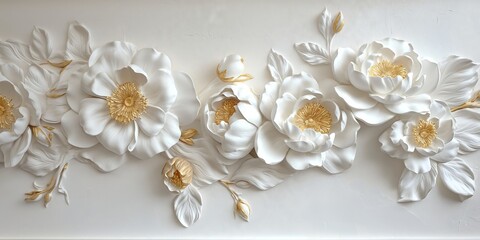 Exquisite Floral Bas-Relief: White and Gold Flowers on Cement - High-Detail 3D Wall Art