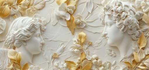 Elegant Ceramic Tile Wall Art with White and Gold Antique Greek Figurine Motifs