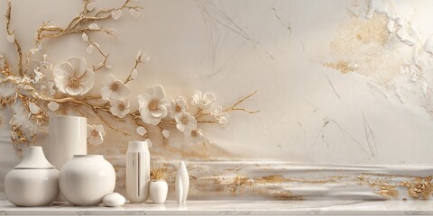 Elegant Ceramic Tile Wall Art in White and Gold with Matching Amphoras and Pots Interior Decor