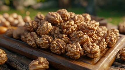 Obraz premium Walnuts on a wooden board in the garden. Selective focus.