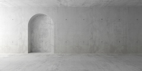 Abstract empty, modern concrete room with rounded recess or niche in the back wall and rough floor - industrial interior background template - obrazy, fototapety, plakaty