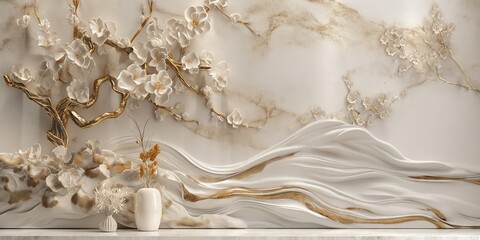 Elegant Ceramic Tiles Wallpaper Art in White and Gold Palette