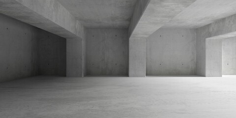 Abstract empty, modern concrete room with row of beams and pillars and rough floor - industrial interior background template - obrazy, fototapety, plakaty