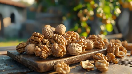 Walnuts on a wooden board. Walnut kernels and peeled walnuts on a wooden table.