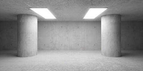 Abstract empty, modern concrete room with celing lights, two pillars and rough floor - industrial interior background template