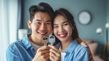 Young asian couple holding keys of new house, smiling happy and excited moving to a new apartment - obrazy, fototapety, plakaty