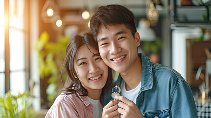 Young asian couple holding keys of new house, smiling happy and excited moving to a new apartment - obrazy, fototapety, plakaty