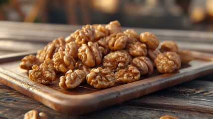 Obraz premium Pile of peeled walnuts on wooden table, closeup view