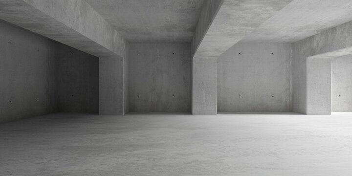 Abstract empty, modern concrete room with row of beams and pillars and rough floor - industrial interior background template