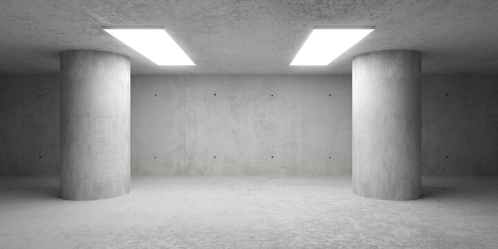 Abstract empty, modern concrete room with celing lights, two pillars and rough floor - industrial interior background template