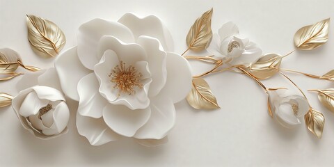 Fototapeta na wymiar 3D Floral Illustration - White and Gold Realistic Flower Wallpaper Design with Sculpted Aesthetics