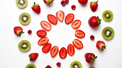 Vibrant Juicy Strawberries Arranged in a Circle on a White Background - Top View of Fresh, Organic, Ripe Berries - Culinary Art and Healthy Summer Snack
