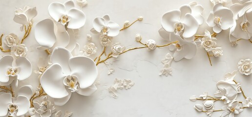Elegant 3D Floral Sculpture Artwork - White and Gold on Pure Background