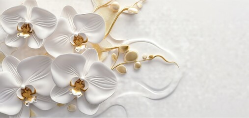 White and Gold 3D Floral Artwork: Realistic Flower Sculpture Wallpaper Design on Pristine Background