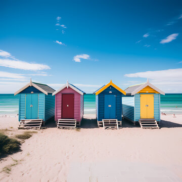 A row of colorful beach huts against a clear blue sky.