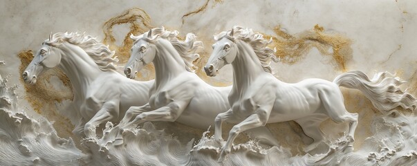 Elegant Equine Artistry: White and Gold Horse Illustration with a Sculptural Aesthetic - Wallpaper Design