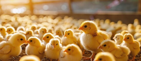 Many small chickens on a farm. - obrazy, fototapety, plakaty