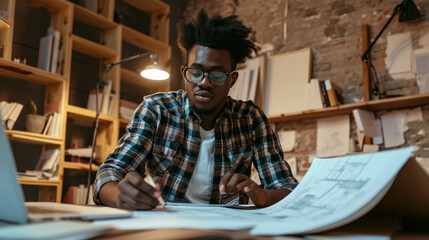 Obraz premium Young black architect working on project