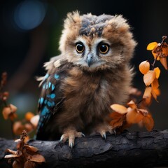 Photo of a baby owl perched on a tree branch. Generative AI