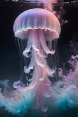 Jelly fish in the aquarium in water. Incredibly mesmerising seajelly releasing a breathtaking view of pastel colored powder exploding in all directions. Jellyfish with long tentacles. Dark background