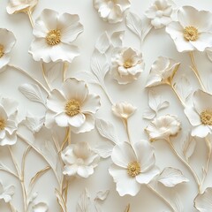 Obraz na płótnie Canvas Elegant 3D Floral Wallpaper Design in White and Gold with Sculpting Aesthetics on a Pristine Background