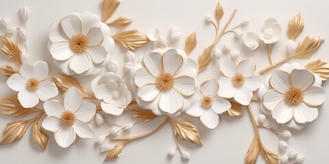 3D Floral Artistry: White and Gold Realistic Flower Sculpture Wallpaper on White Background