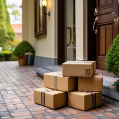 Shipping packages on the doormat of a house entrance.