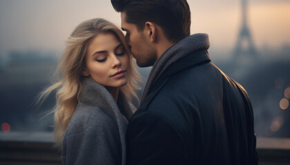 Young romantic couple embracing in Paris city - Paris Skyline in the early morning winter fog - blond woman, dark haired man - winter wea - Powered by Adobe