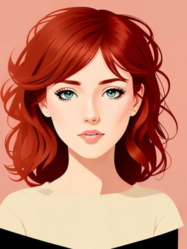 Portrait of a young red head beautiful woman.Digital creative designer art painted drawing.AI generative illustration