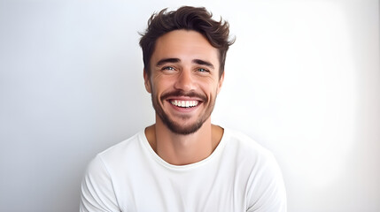 a professional portrait a handsome young white american man model with perfect clean teeth laughing and smiling, on white background - Powered by Adobe