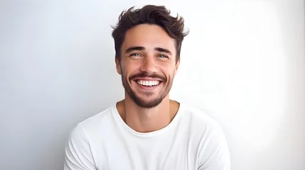 Fotobehang a professional portrait a handsome young white american man model with perfect clean teeth laughing and smiling, on white background © Teerapat