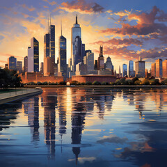 A city skyline reflected in the calm waters of a river.