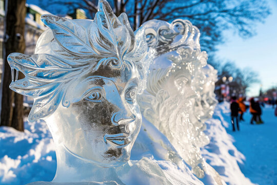 Carnaval de Quebec en Canadá: Escena de invierno con esculturas de hielo y desfiles