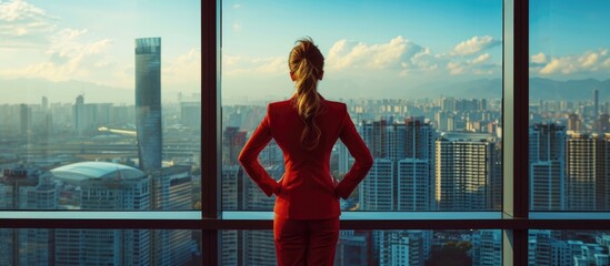 Confident female CEO managing company's investment strategy, wearing red suit in office, overseeing city view. - obrazy, fototapety, plakaty