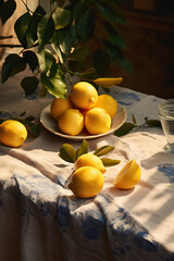 Lemons on the table in the rays of the setting sun