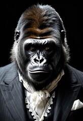 Portrait of a gorilla in a black tailcoat and white lace bow. Victorian style.Black background.Creative designer art.